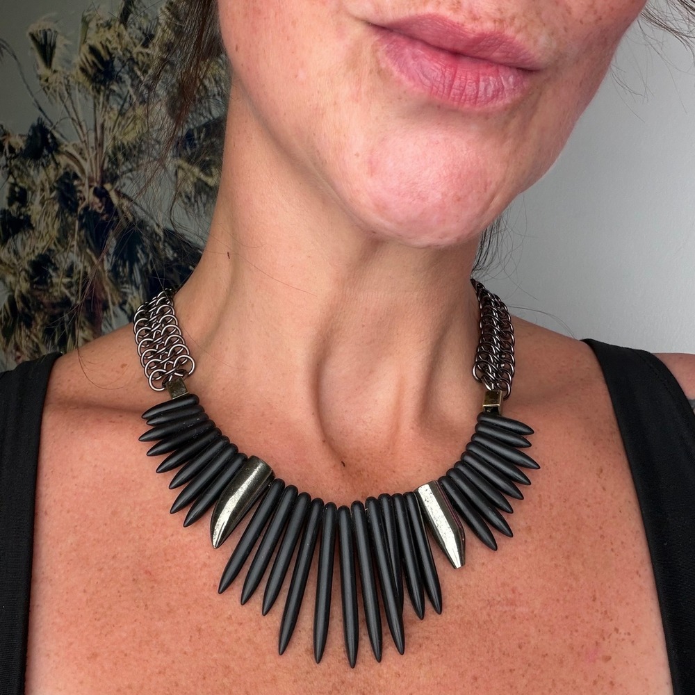 Biko Spiked Collar Necklace Matte Black Gunmetal Industrial Goth Steampunk OS